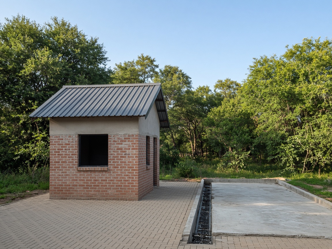 Guard room and wash bay at a safari lodge entrance